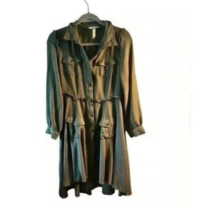 Matilda Jane Olive Green Button-Down Long-Sleeve Ruffle Dress Pockets Sz medium